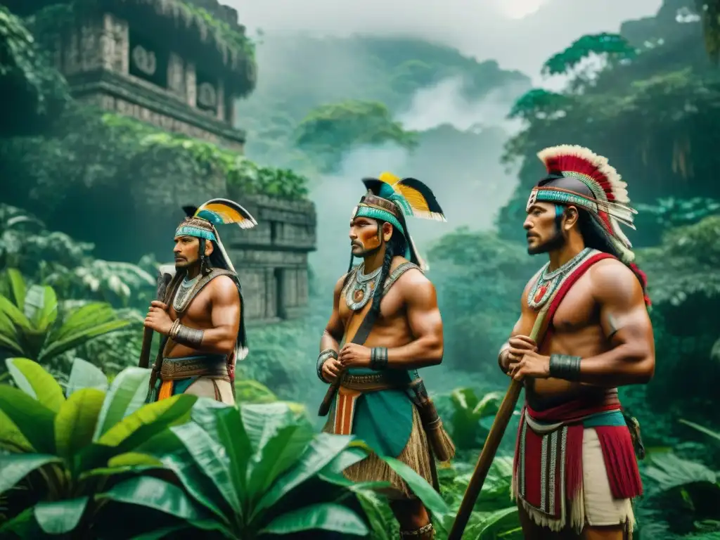 Grupo de guerreros mayas en desafío de supervivencia en jungla, destacando origen juegos supervivencia culturas