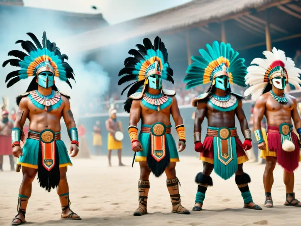 Grupo de guerreros mayas en trajes de plumas preparándose para evento deportivo