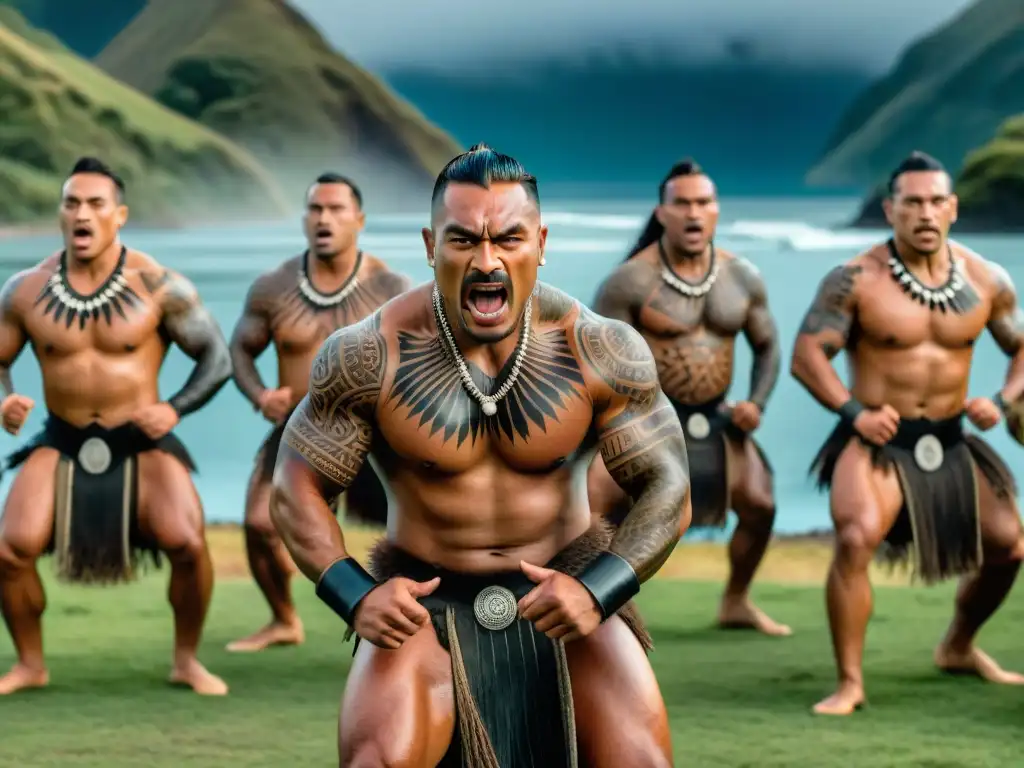 Grupo de guerreros maoríes realizando el ritual Haka con intensidad y fuerza