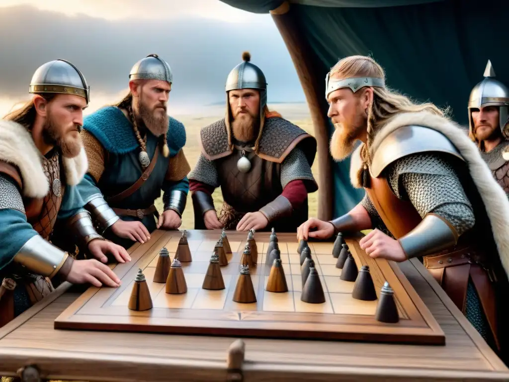 Grupo de guerreros vikingos planificando estrategias en un juego de Hnefatafl antes de la batalla