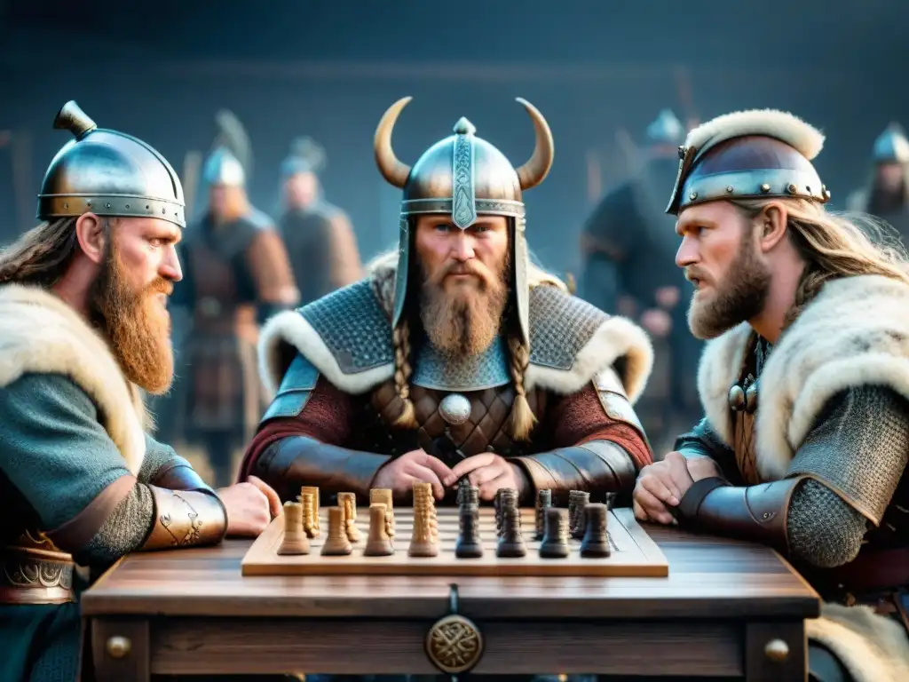 Grupo de guerreros vikingos juegan Hnefatafl en casa vikinga iluminada por antorchas