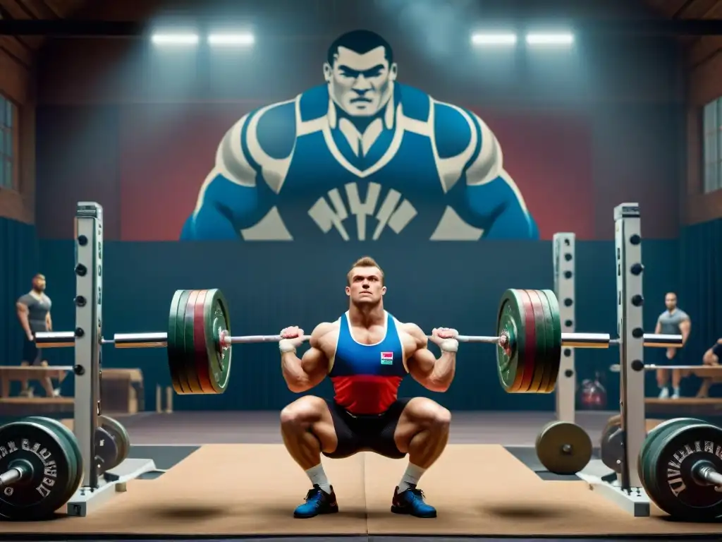 Grupo de halterófilos rusos en un gimnasio tradicional, levantando pesas rodeados de equipamiento vintage y pósters de campeones