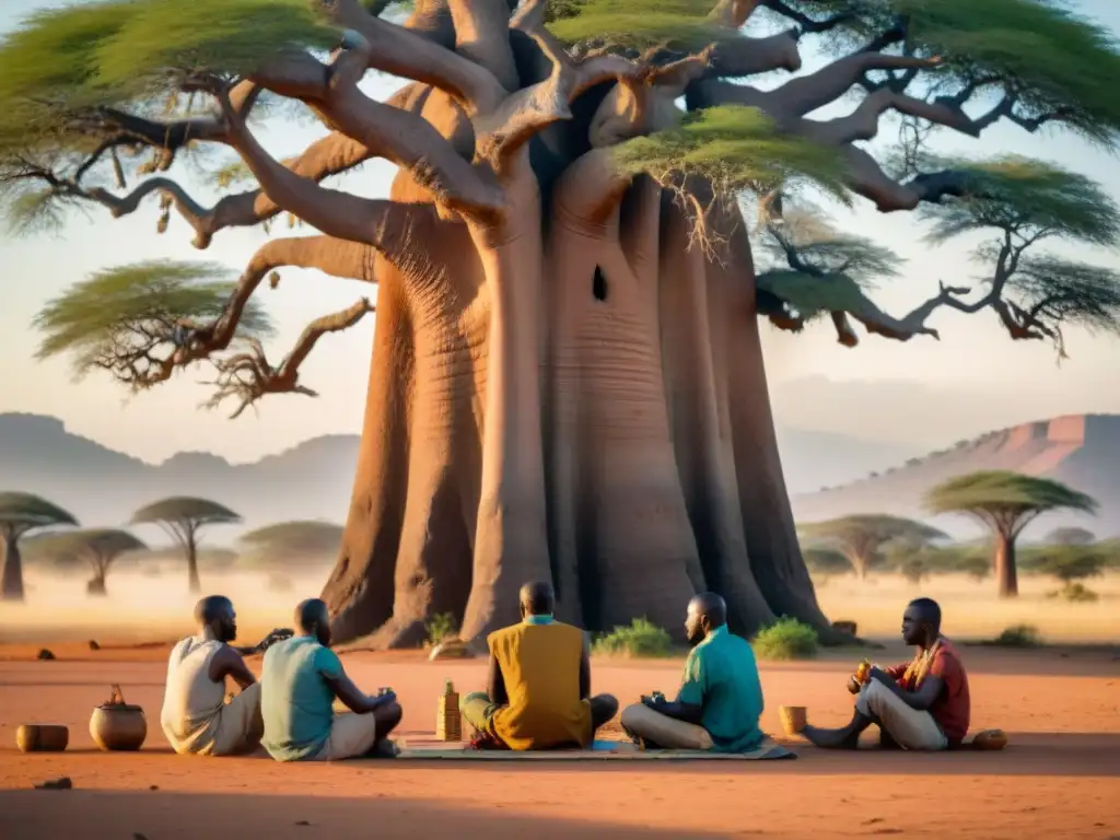 Juego tradicional bajo baobab: intensidad y tradición africana Un grupo de hombres africanos juega a las cartas bajo un baobab en la vibrante sabana africana