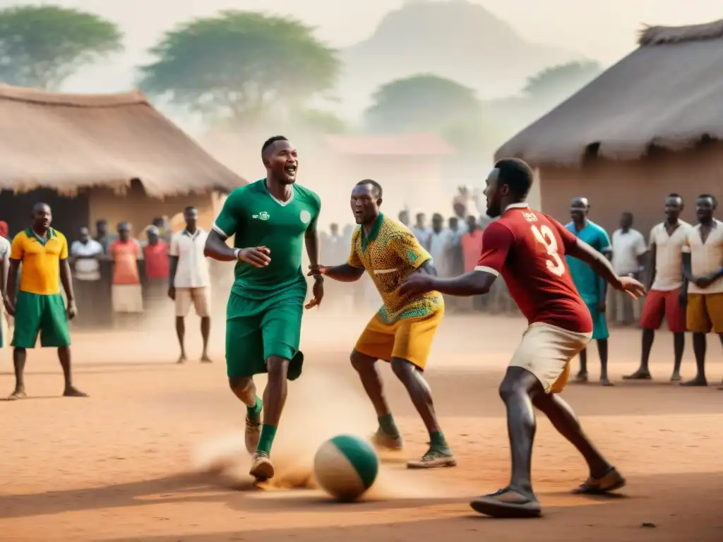 Grupo de hombres africanos juegan pelota en plaza polvorienta, con espectadores animados