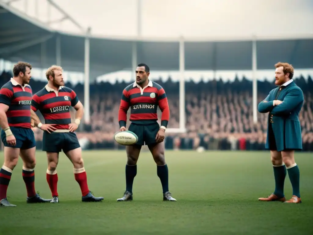 Grupo de hombres en atuendo de rugby del siglo XIX en campo de césped, rodeados de espectadores en vestimenta de época