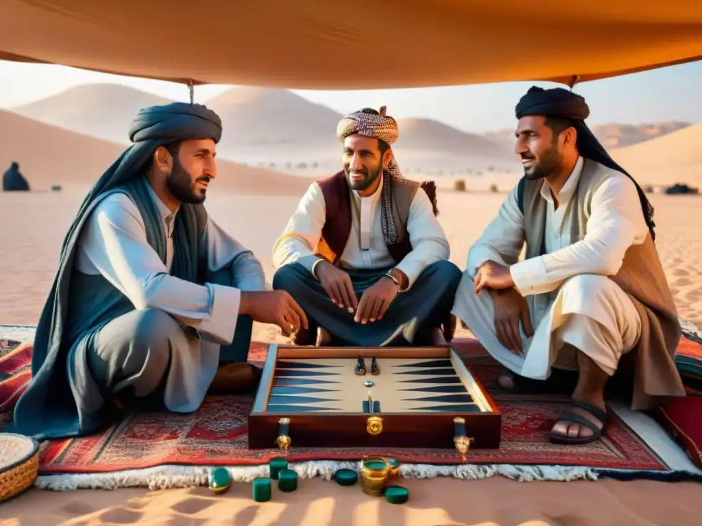 Grupo de hombres beduinos jugando backgammon bajo la carpa en el desierto al atardecer