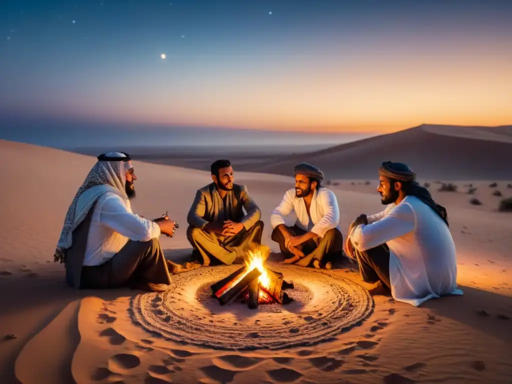 Grupo de hombres beduinos reunidos alrededor de una fogata en el misterioso desierto