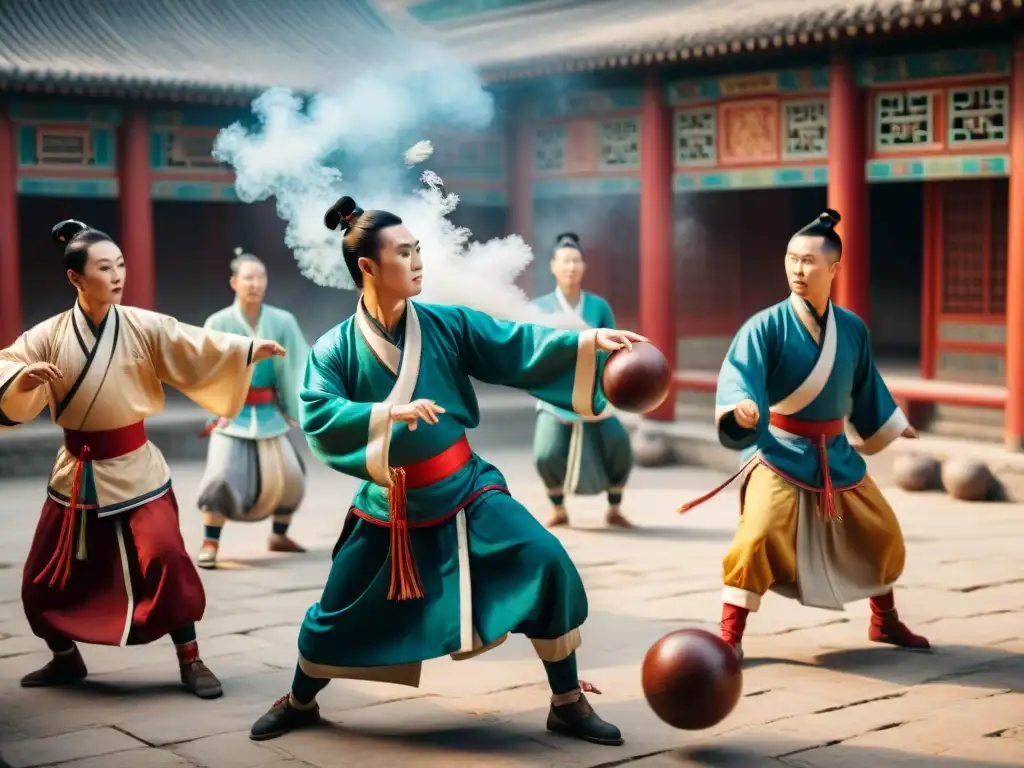 Grupo de hombres chinos en trajes tradicionales jugando fútbol antiguo Tsu Chu en un patio polvoriento