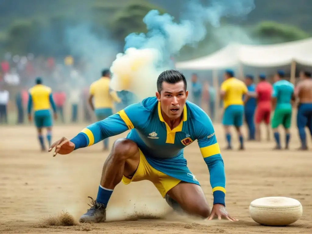 Grupo de hombres colombianos concentrados en un intenso juego de tejo, con atuendo tradicional y campo polvoriento de fondo