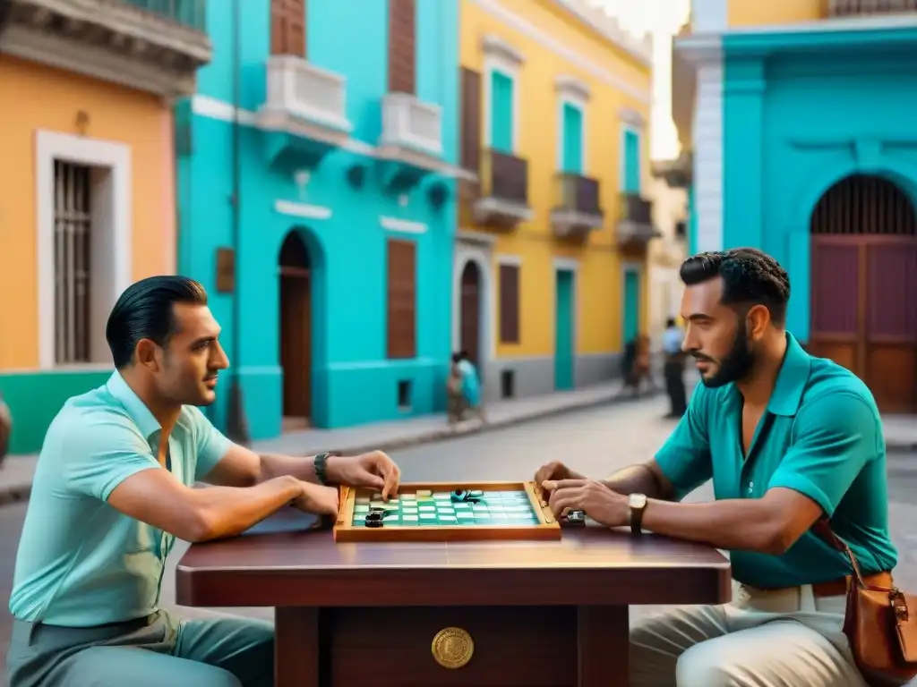 Grupo de hombres concentrados en un juego de dominoes en una calle vibrante de La Habana en los años 40