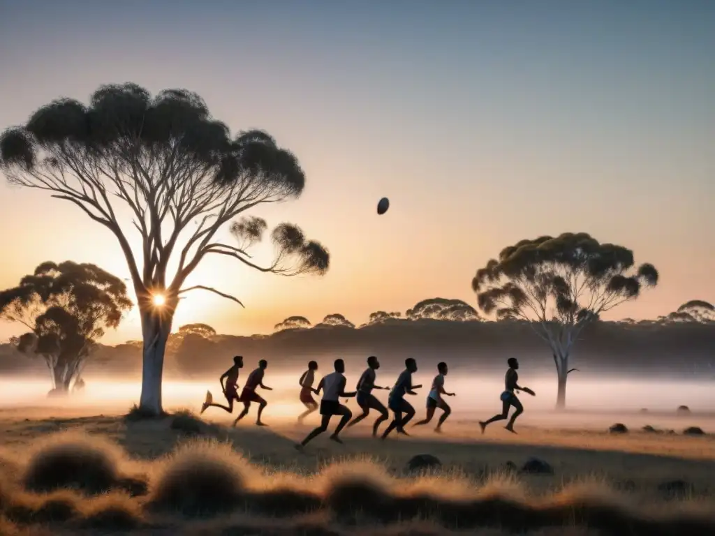 Grupo de hombres indígenas australianos juegan Marn Grook al anochecer, evocando historia, cultura y deporte