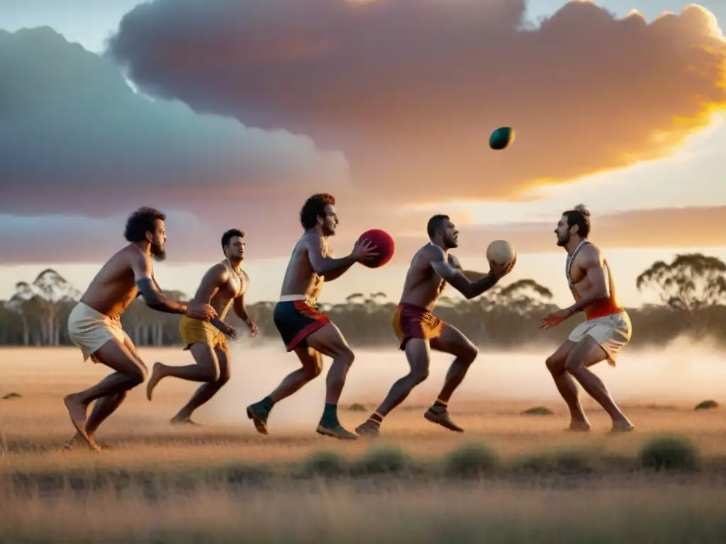 Grupo de hombres indígenas australianos juegan Marn Grook al atardecer, mezclando historia, cultura y deporte