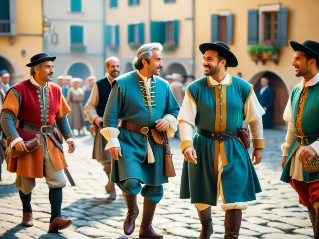 Grupo de hombres italianos en atuendos medievales compitiendo en el 'Bracciale' en la plaza de un pueblo histórico