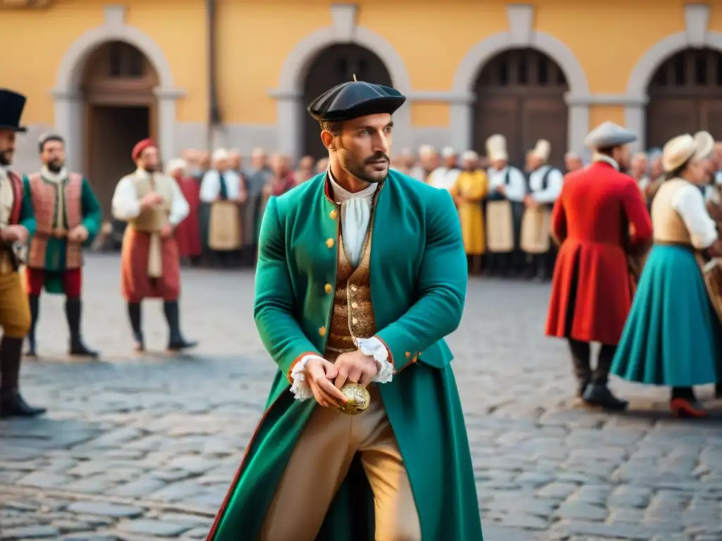 Un grupo de hombres italianos en trajes tradicionales compiten en la Disfida dei Bracciale en una plaza histórica