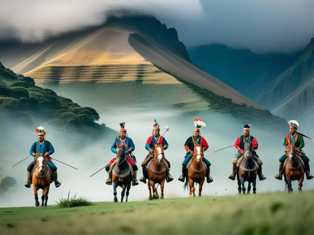 Grupo de hombres Mapuche en atuendo tradicional jugando pato a caballo en la vasta pradera, con los imponentes Andes de fondo