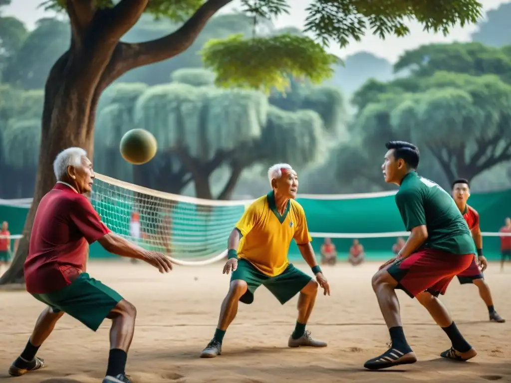 Un grupo de hombres mayores del sudeste asiático juega Sepak Takraw bajo árboles antiguos, mostrando determinación y destreza