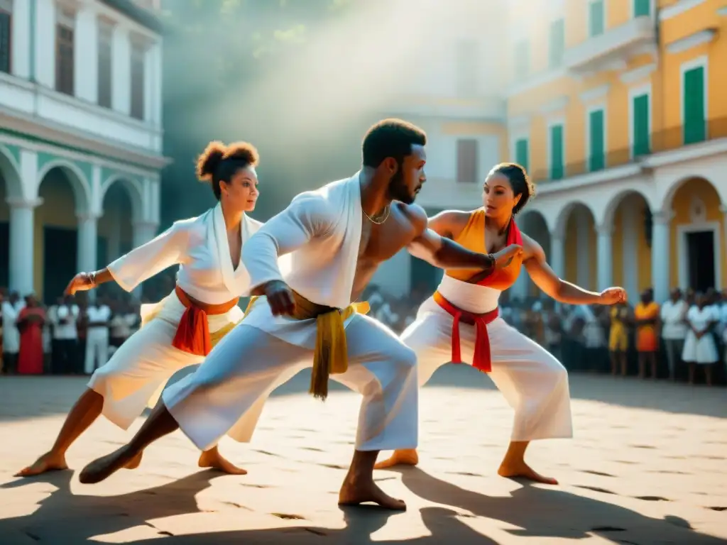 Un grupo de hombres y mujeres afrobrasileños vistiendo trajes blancos tradicionales realizando capoeira en una plaza colonial en Brasil