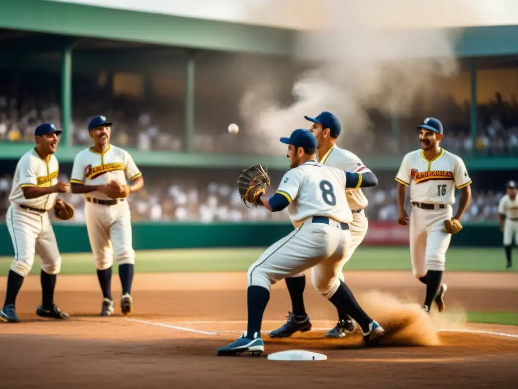 Grupo de hombres venezolanos juegan béisbol en campo polvoriento, reflejando la pasión y camaradería en los inicios del béisbol en Venezuela