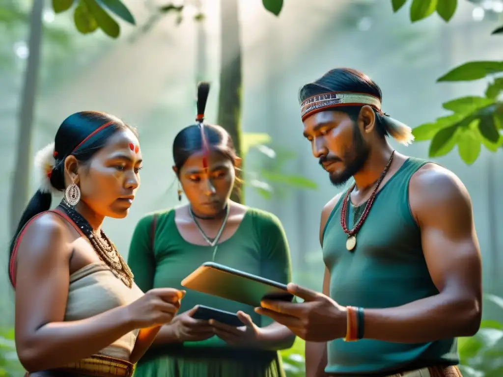 Grupo indígena juega ancestral en tablet: evolución tecnología futuro en la selva