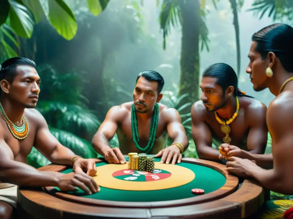 Grupo indígena juega tradicionalmente con piedras en mesa de madera en selva