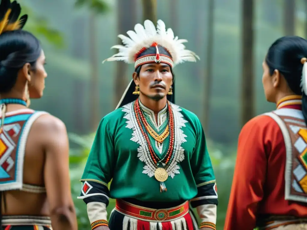 Grupo indígena con vibrantes atuendos tradicionales en juego ceremonial en bosque verde