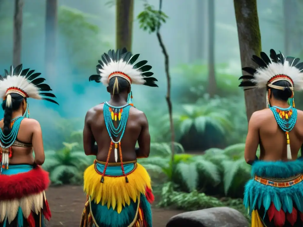 Un grupo de indígenas en coloridos trajes realiza rituales sagrados en la selva