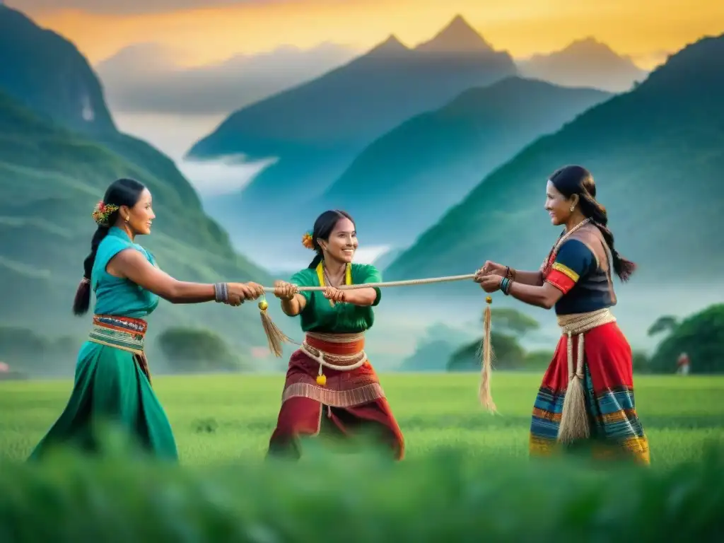 Grupo de indígenas en coloridos trajes juegan Tug of War en campo verde mientras atardece, reflejando determinación y tradición