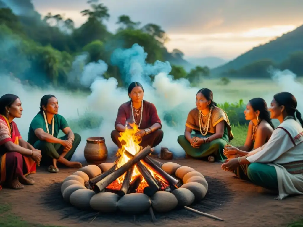 Un grupo de indígenas se reúne alrededor de un fuego en un juego que simboliza su conexión espiritual con la tierra y sus ancestros