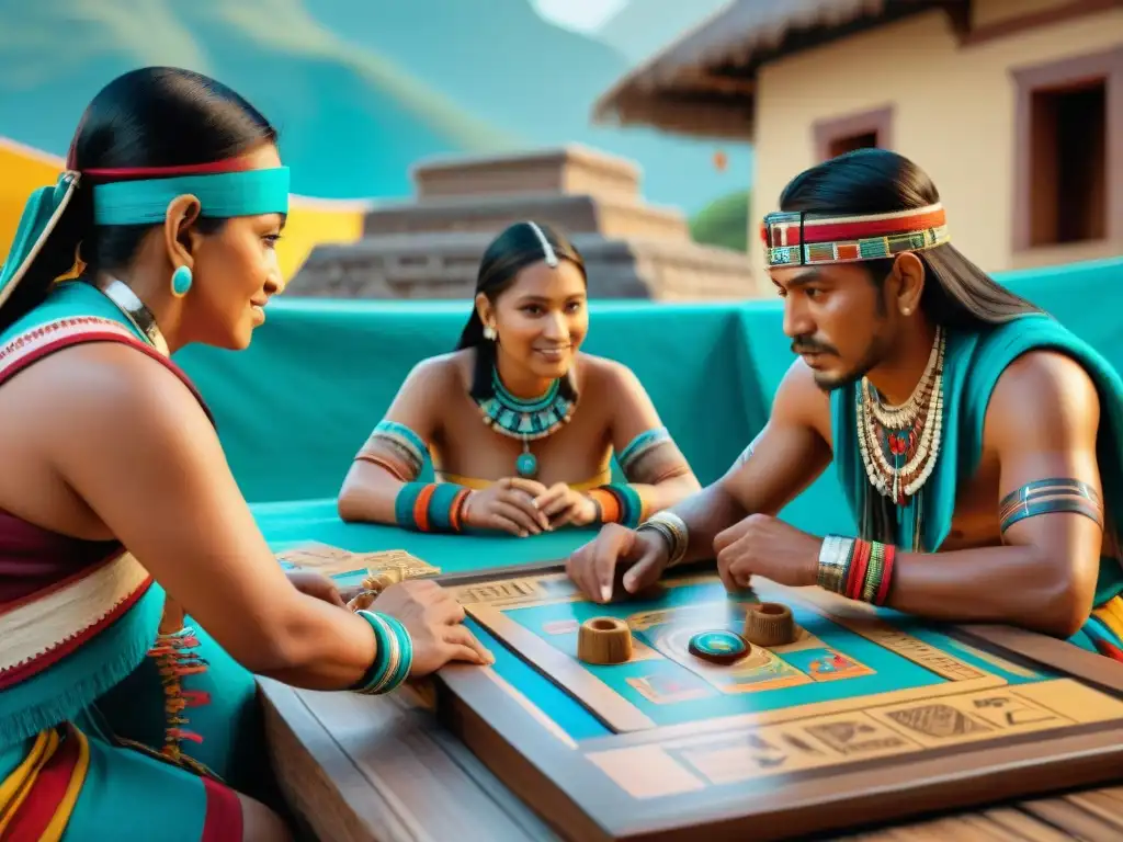 Juego de Patolli: Tradición Azteca en Mercado Colorido Grupo de indígenas en vestimenta azteca jugando Patolli en un animado mercado