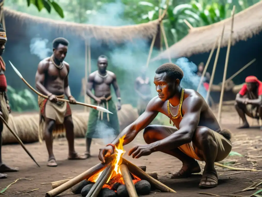 Un grupo de individuos de diferentes tribus africanas practican habilidades ancestrales de supervivencia en la naturaleza