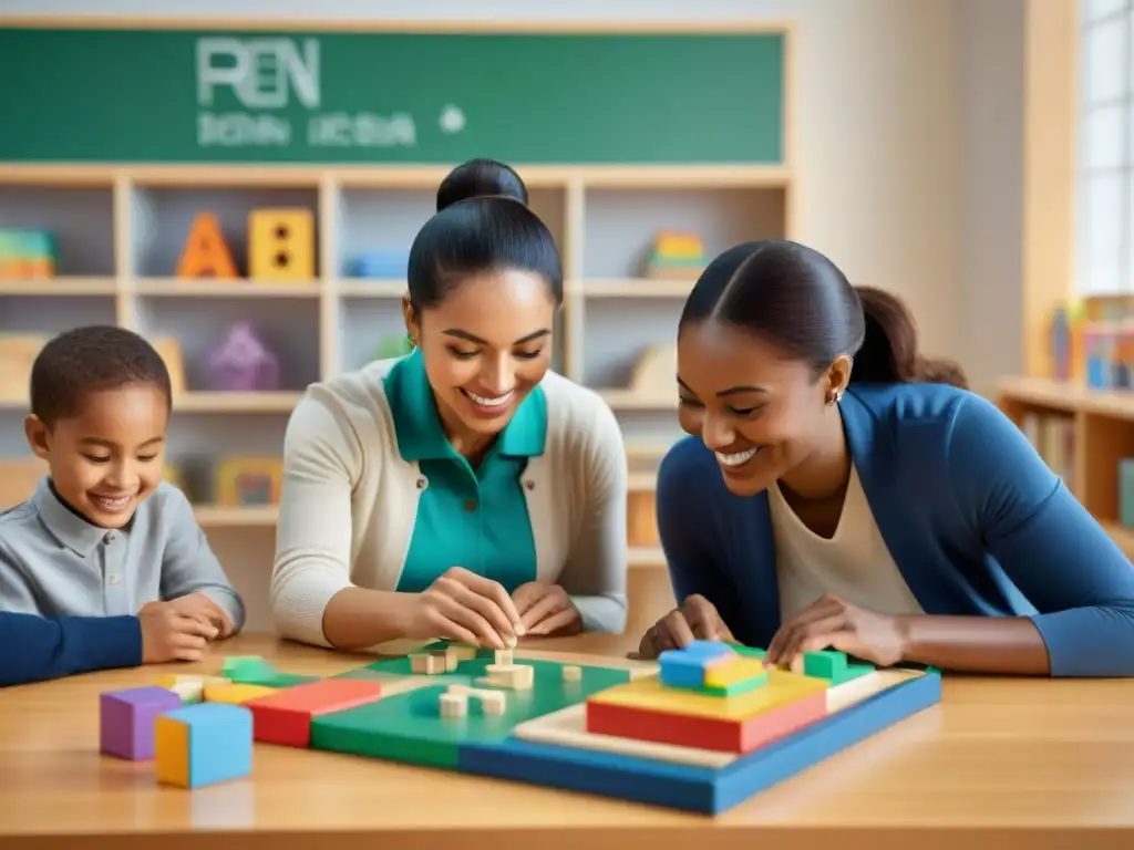 Grupo infantil diverso disfruta juegos educativos en aula vibrante