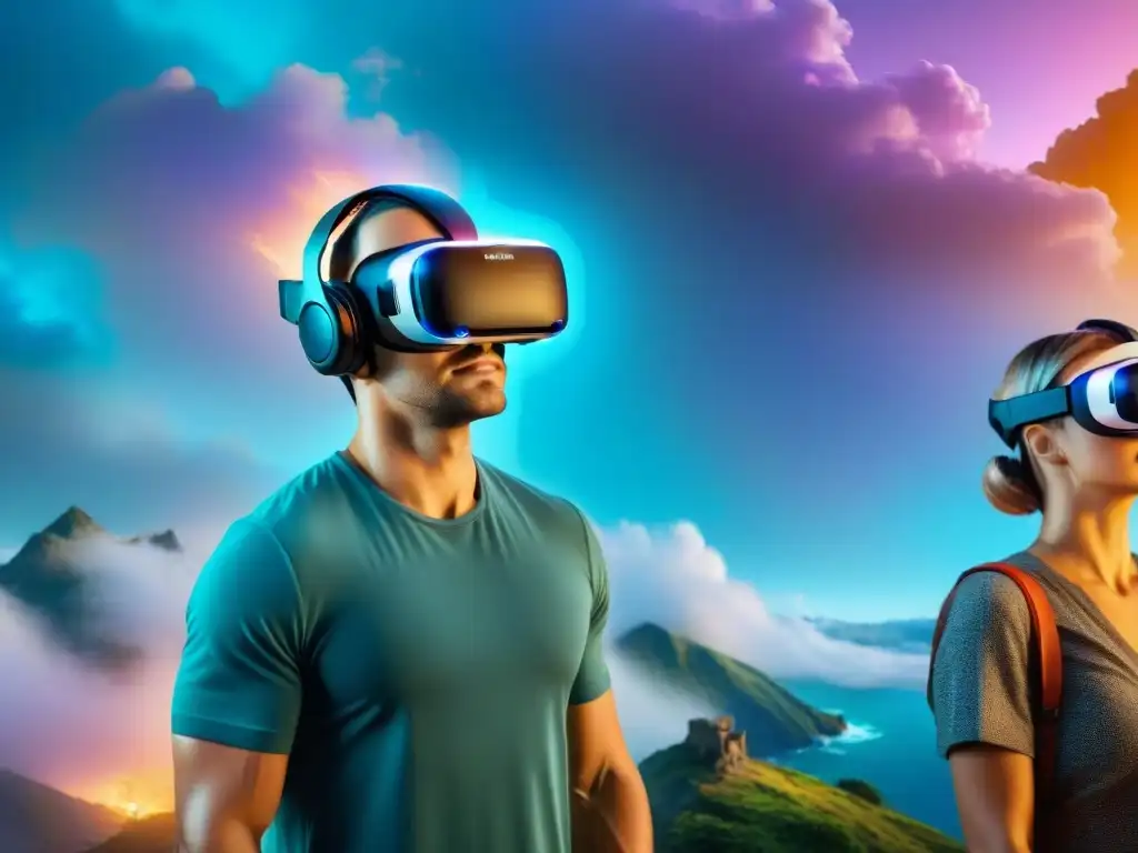 Grupo inmerso en historias envolventes realidad virtual, asombrados por paisajes futuristas y colores vibrantes