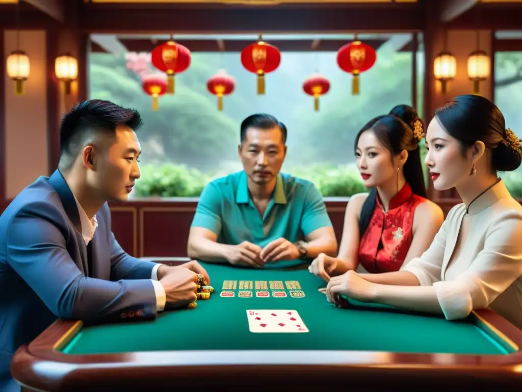 Grupo inmerso en el juego de Pai Gow en ambientación china con historia cartas chinas Pai Gow