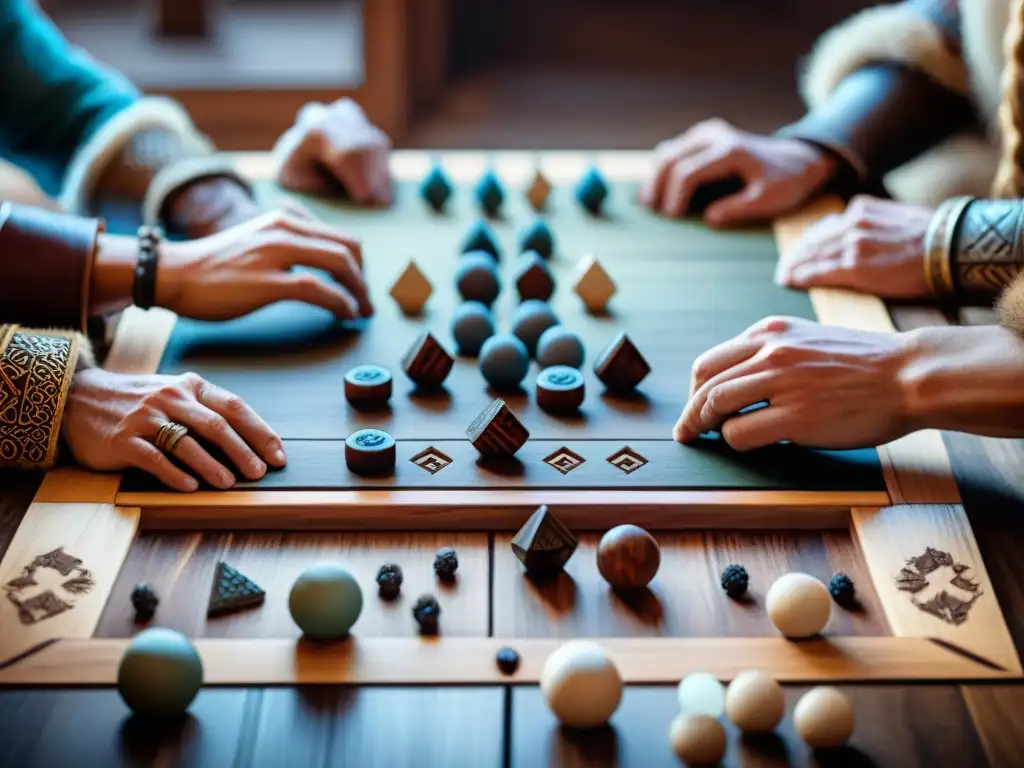 Un grupo inmerso en el juego de Hnefatafl en una casa vikinga, mostrando la evolución del ajedrez vikingo cultura