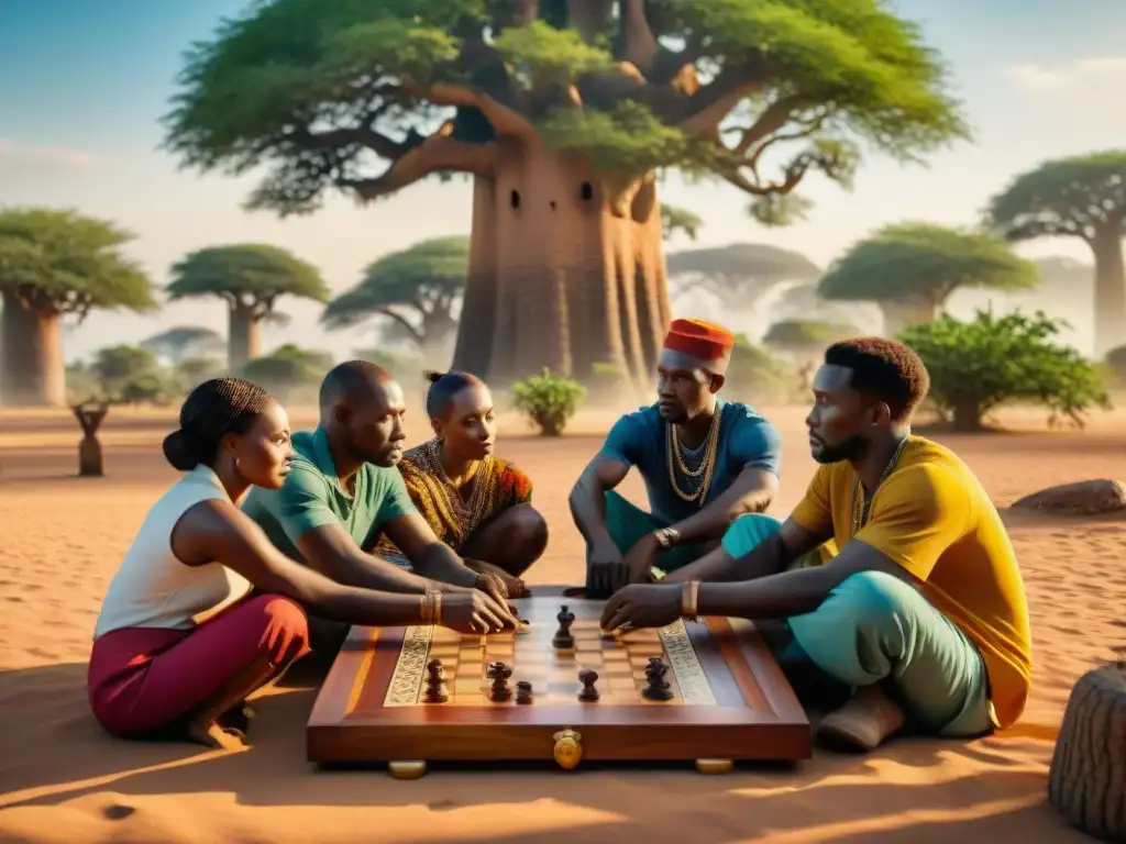 Un grupo inmerso en un juego de mesa africano bajo un baobab