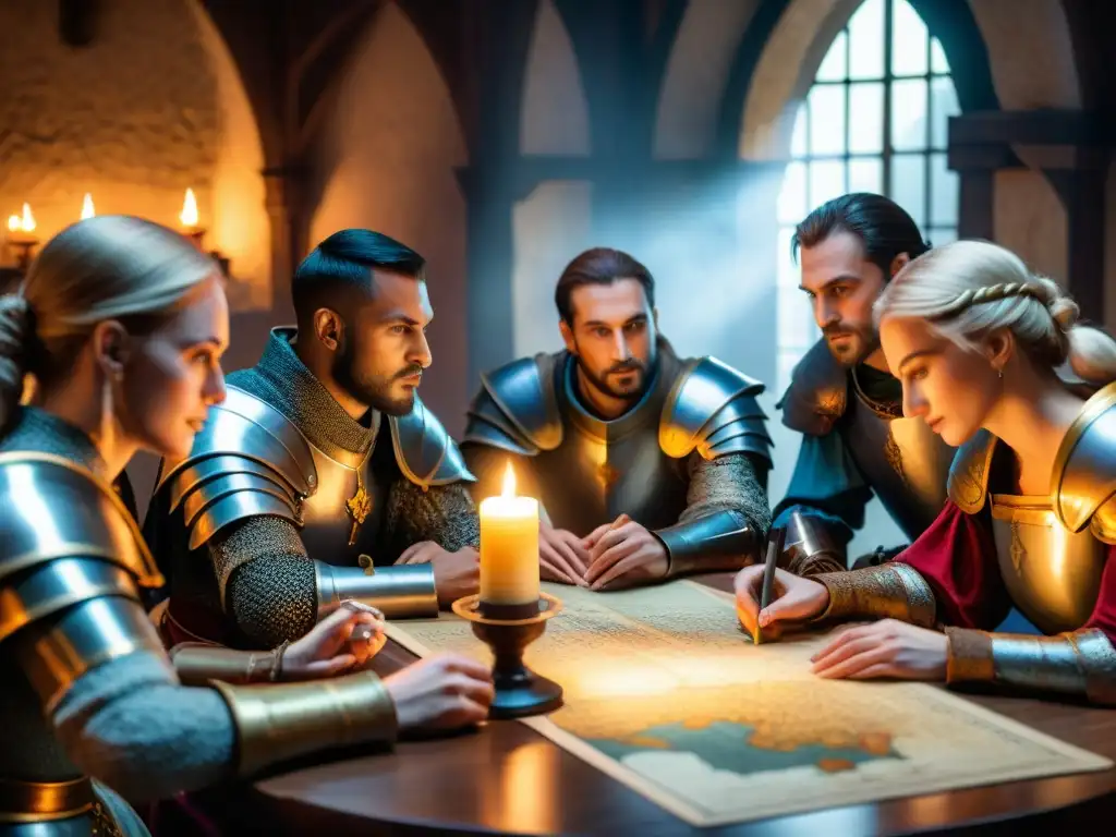 Grupo inmerso en juego de rol inspirado en romance medieval, estrategias intensas en ambiente temático
