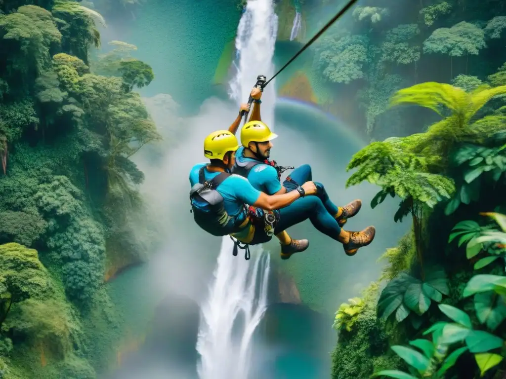 Un grupo de intrépidos en equipo colorido practicando deportes extremos en América Latina, zipline en la selva exuberante