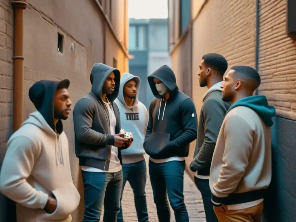 Grupo de jóvenes en un callejón urbano jugando dados, con rostros en sombras y capuchas