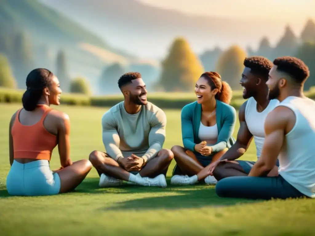 Un grupo de jóvenes diversos juega charadas al atardecer en un campo, comunicándose y divirtiéndose juntos