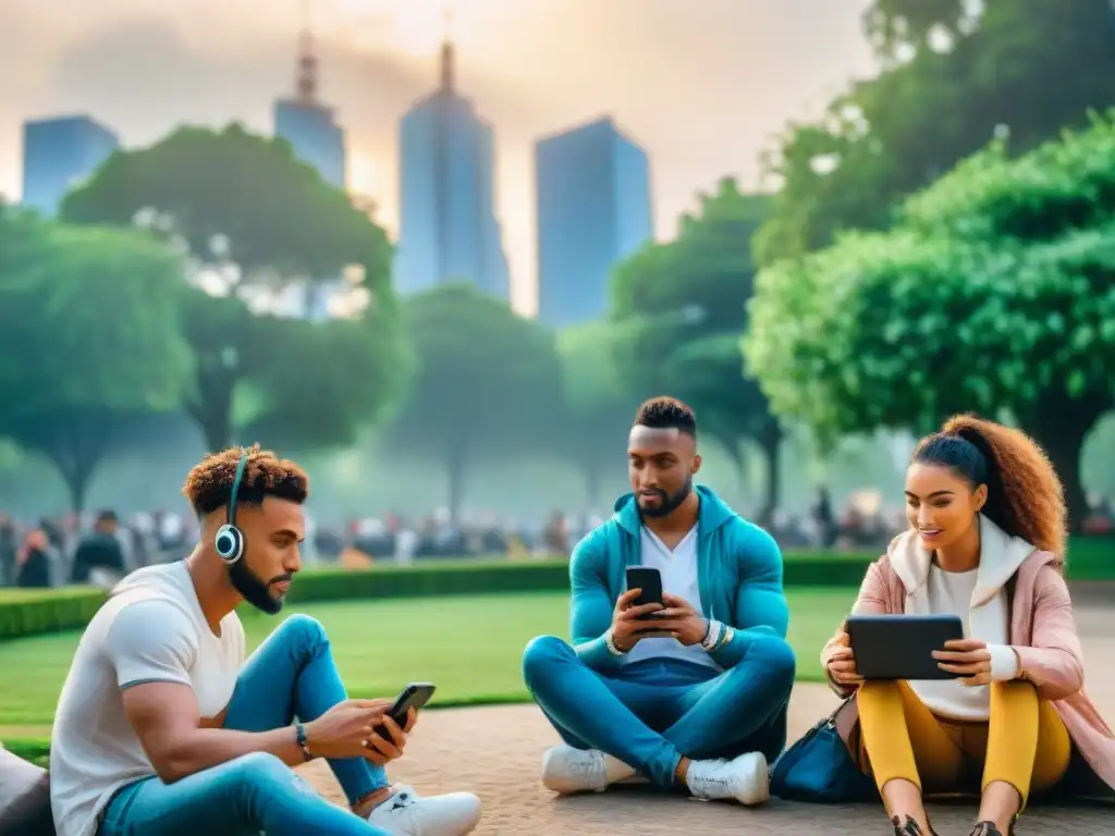 Un grupo de jóvenes diversos en un parque, concentrados en sus dispositivos móviles