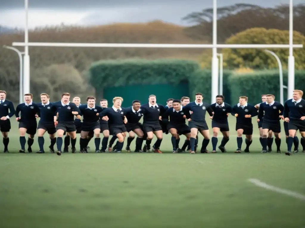 Grupo de jóvenes estudiantes en uniformes antiguos jugando rugby con energía en campo escolar