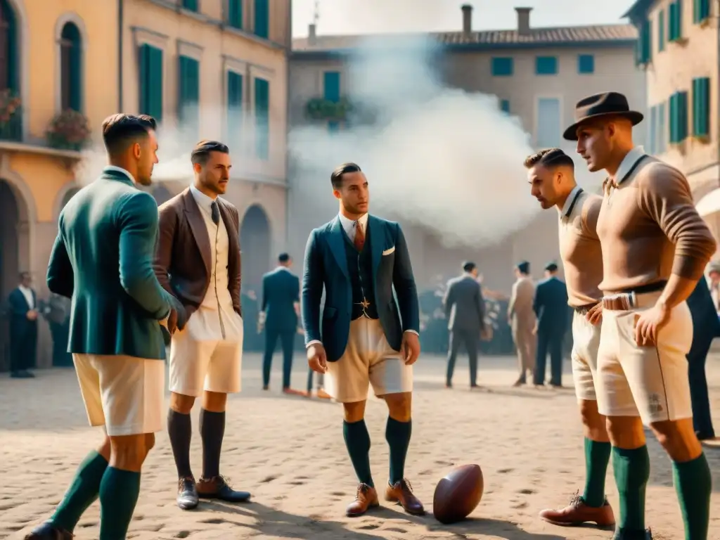 Un grupo de jóvenes italianos apasionados en trajes de los años 20 listos para jugar Volata en una plaza soleada y polvorienta