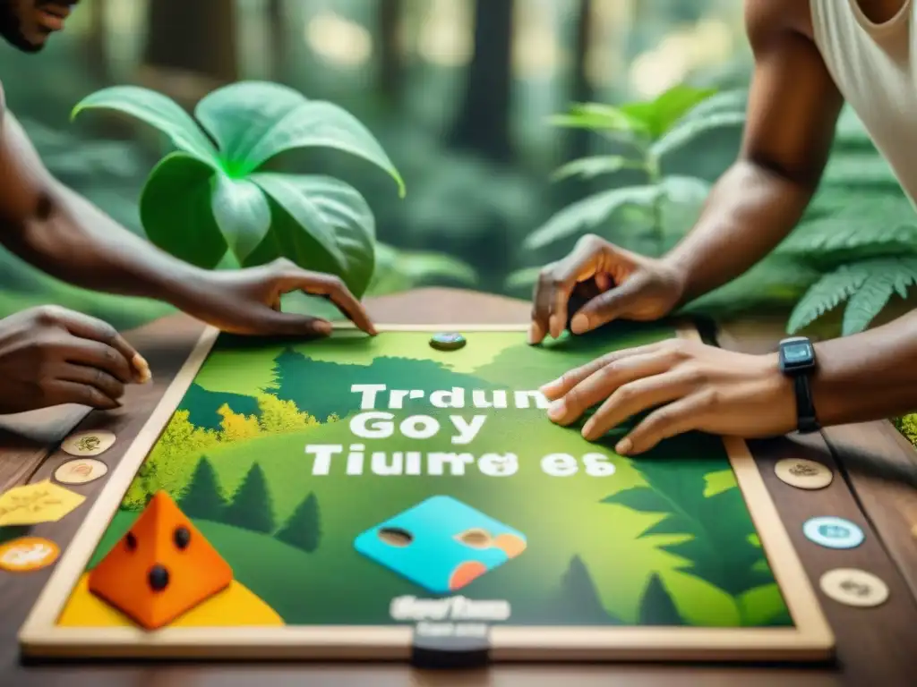 Un grupo de jóvenes diversos juega un juego de mesa en un bosque verde, mostrando desarrollo sostenible