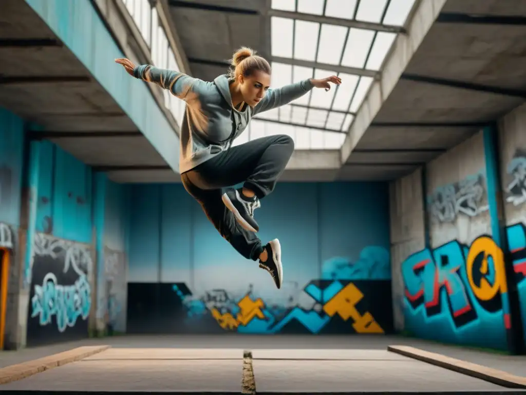 Grupo de jóvenes traceurs rusos mostrando habilidades de parkour en complejo industrial abandonado lleno de grafitis