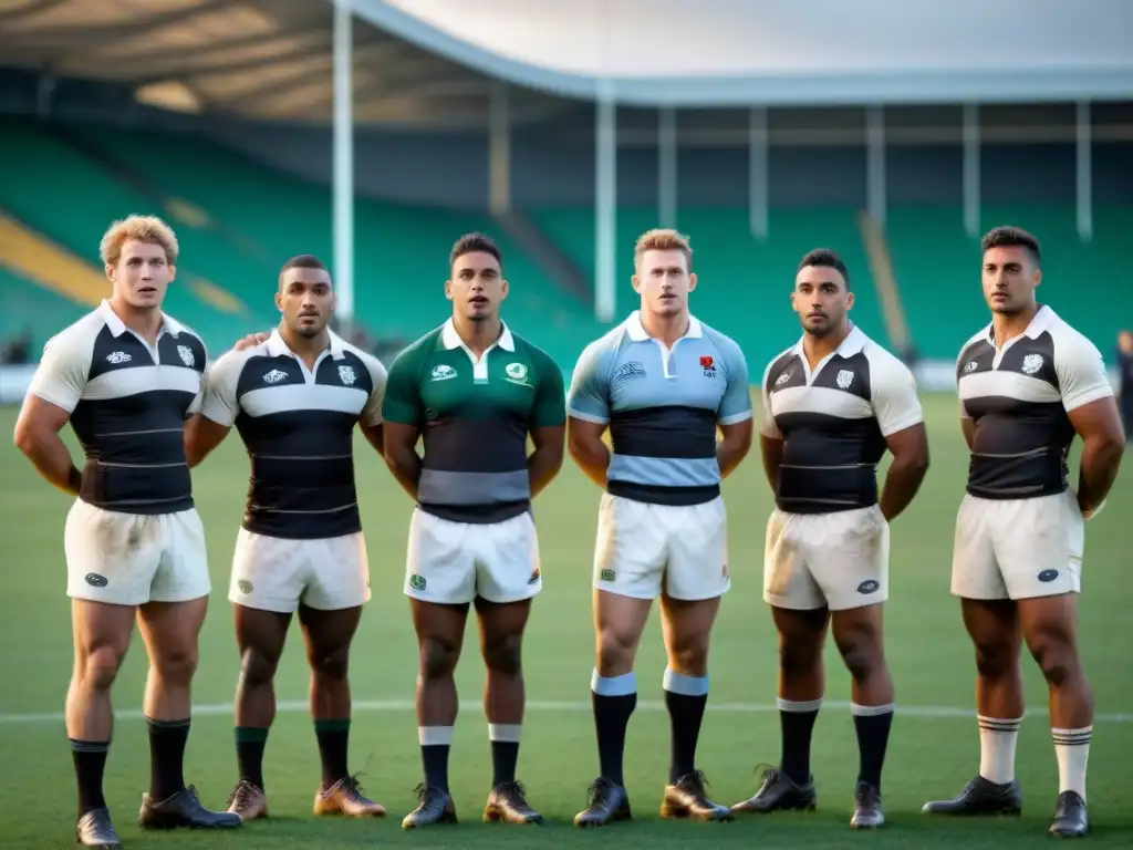 Jóvenes rugbiers en campo histórico: pasión y camaradería Grupo de jóvenes en uniformes vintage de rugby en un campo extenso, evocando la historia y evolución del rugby en América Latina