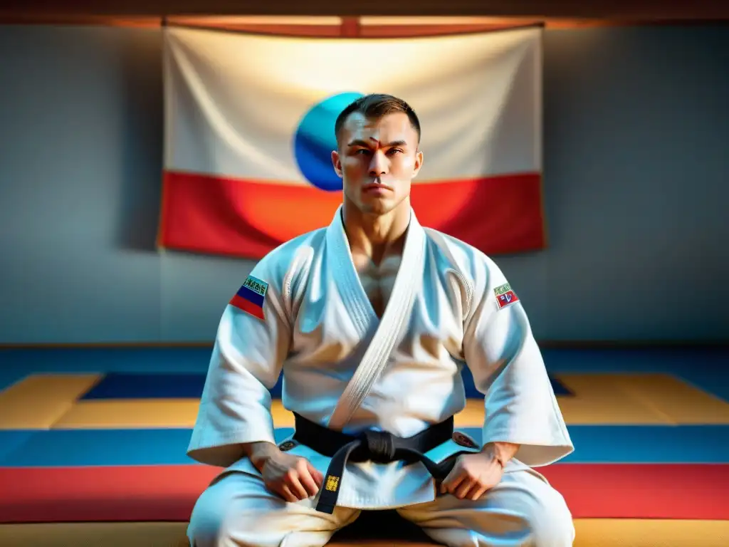 Grupo de judokas rusos practicando en un dojo, reflejando la historia del judo en Rusia con orgullo y destreza