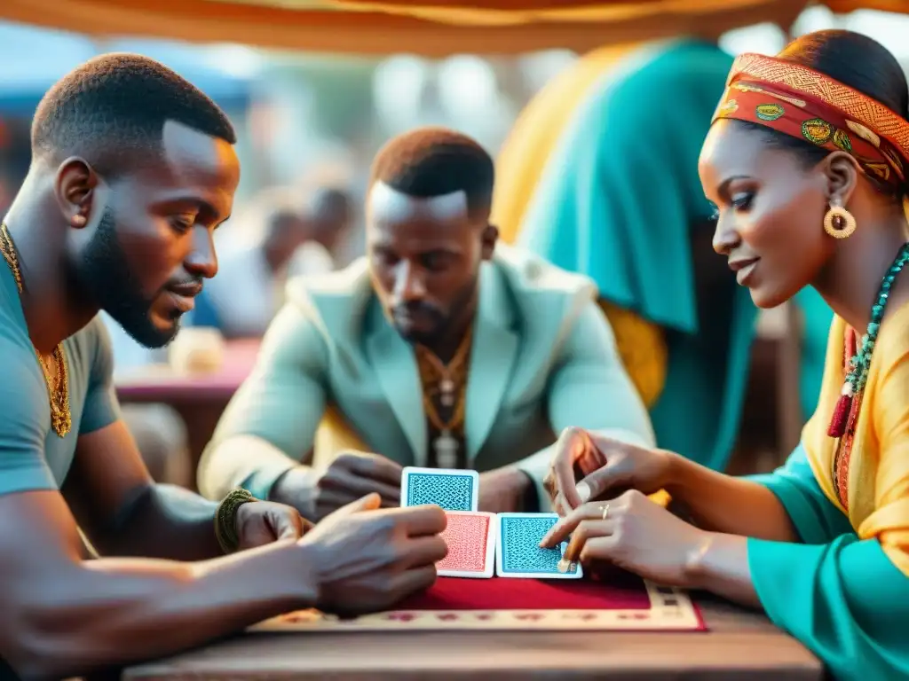 Partida de cartas en mercado africano con mesa de tela vibrante Grupo disfruta de un juego de cartas en África en un mercado colorido y vibrante