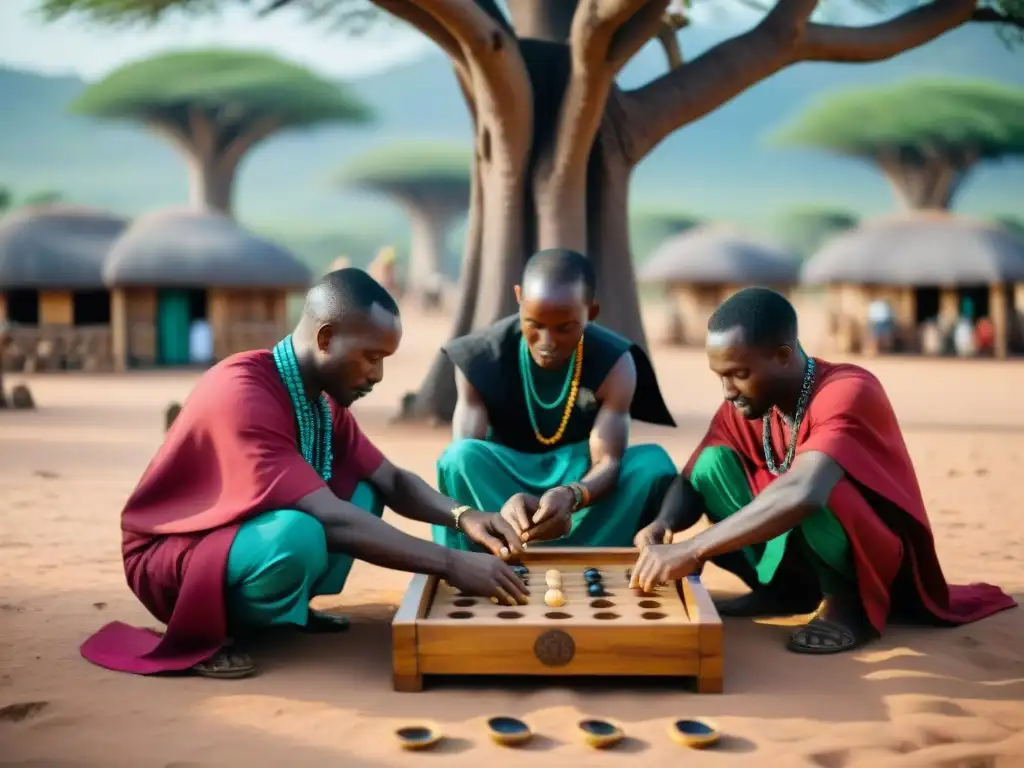 Grupo en juego de mancala bajo baobab, con expresiones concentradas y elementos culturales