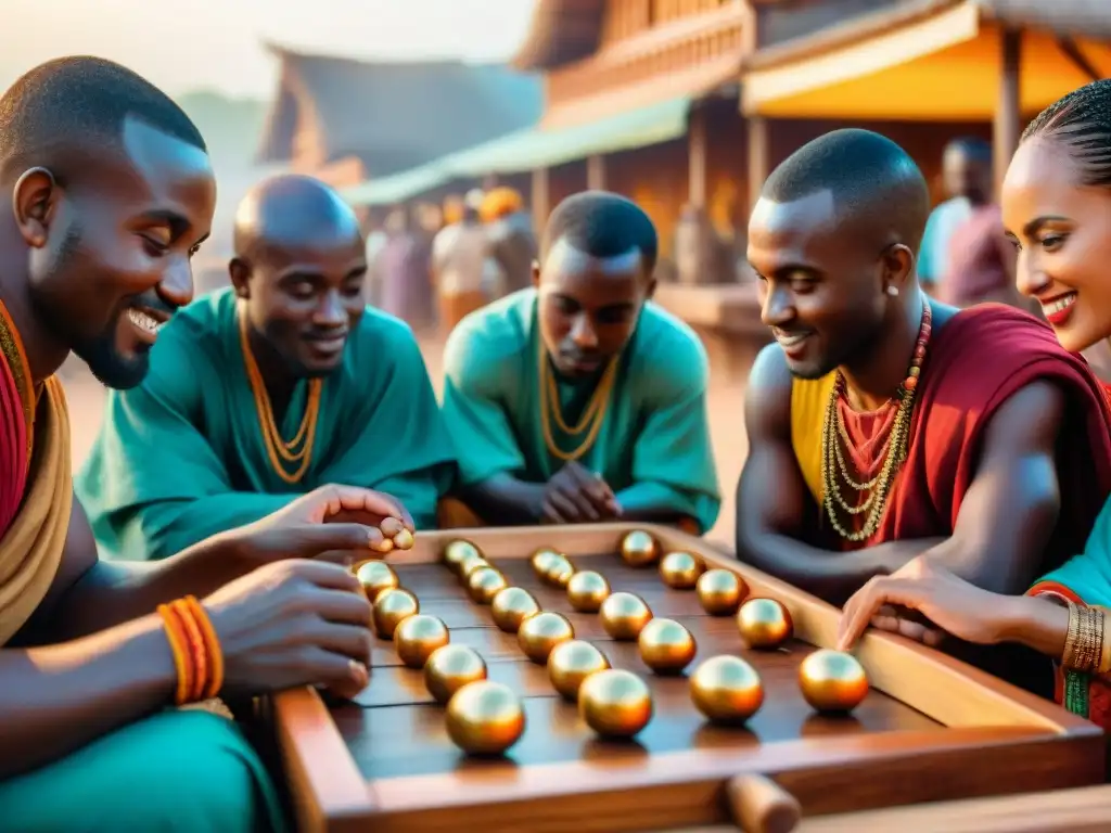 Grupo disfrutando de un juego de Mancala en un mercado africano, reflejando tradición y comunidad