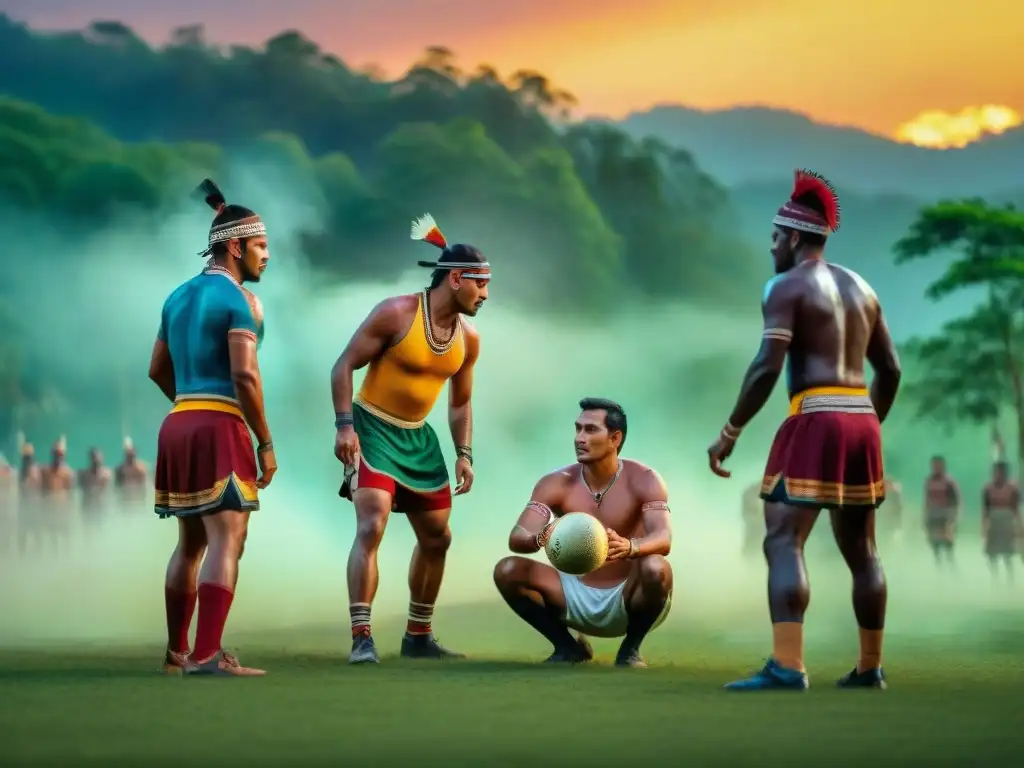 Grupo de indígenas juegan un juego tradicional en la selva al atardecer, influencia en deporte moderno